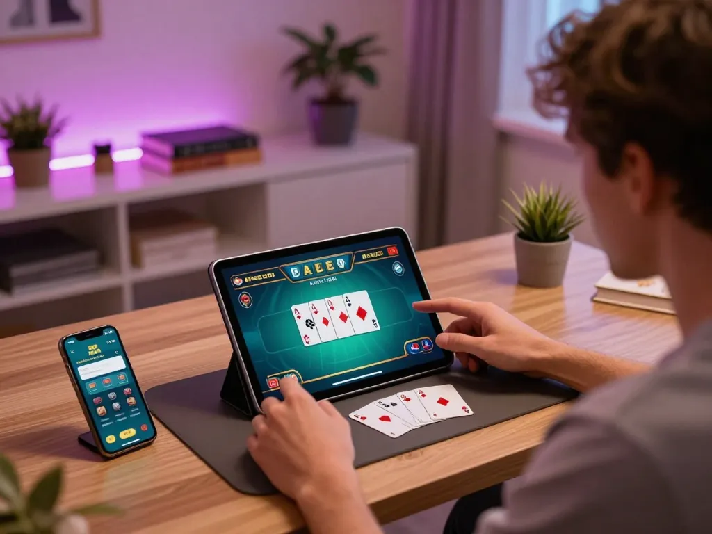 Player engaging in online poker game with n1888 app on tablet in a cozy home setting.