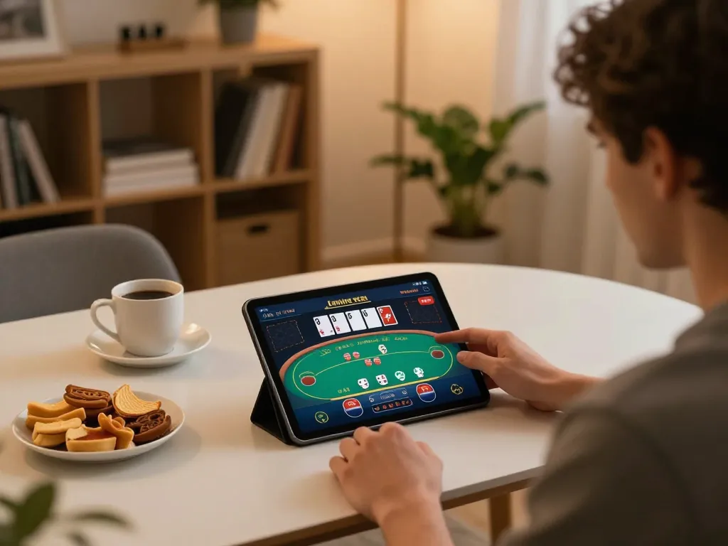 Engaging with an online casino Malaysia game on a tablet, showcasing poker gameplay in a cozy home setting