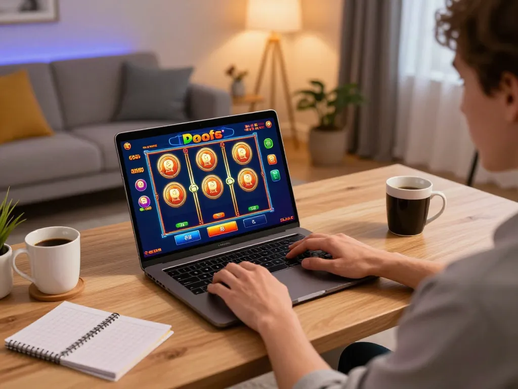 Berkelut dalam permainan Slot Demo PG Soft di laptop di ruang kerja rumahan yang nyaman.