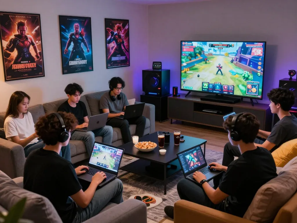 Engaging scene of friends enjoying html porn games in a cozy living room with multiple devices.