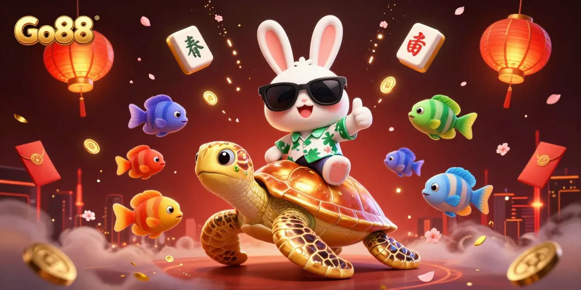 Experience thrilling action with Go88's vibrant casino scene, featuring a lucky rabbit and golden turtle.