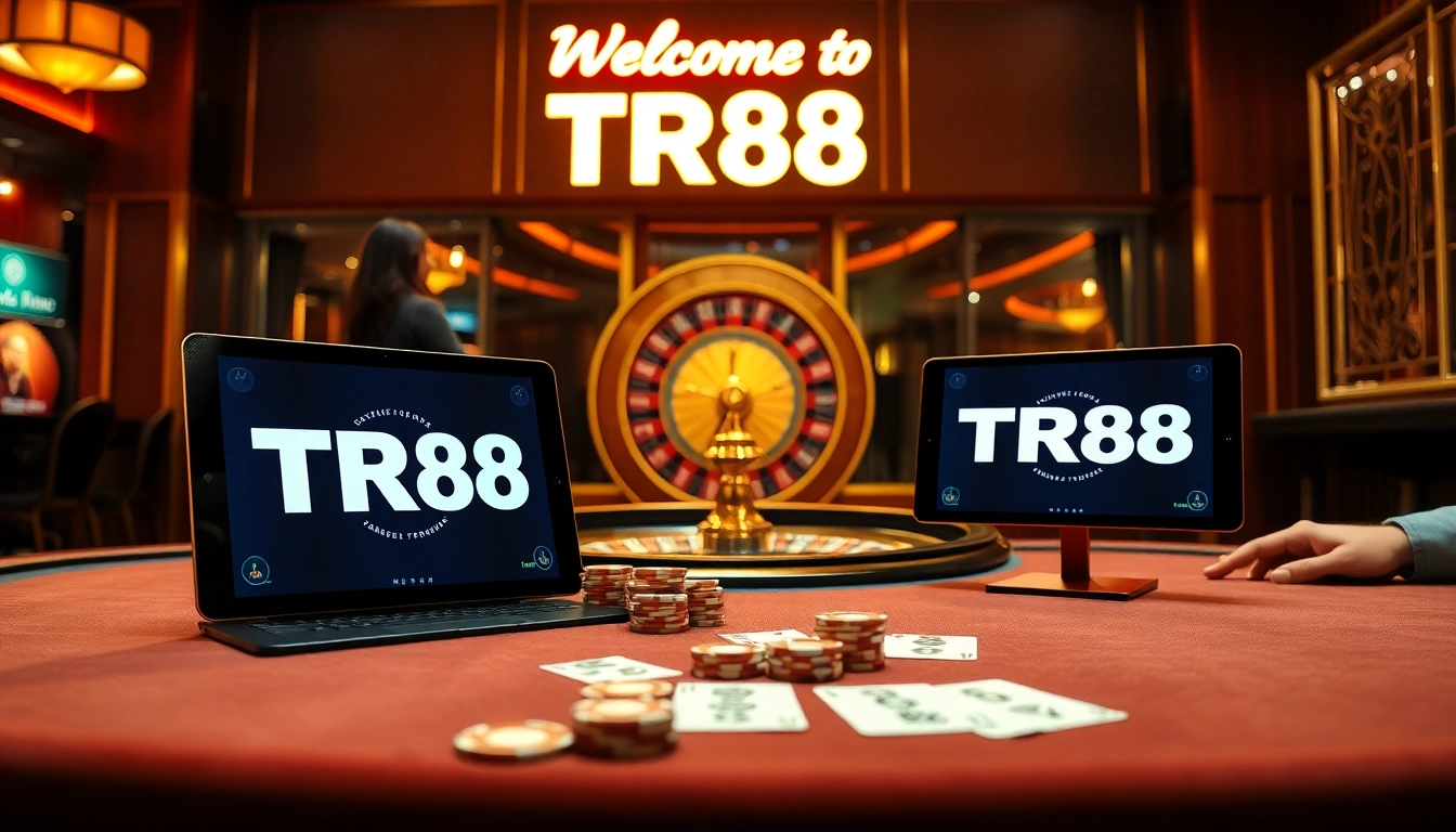 Experience the excitement of TR88 in a luxurious casino setting with vibrant gaming tables.