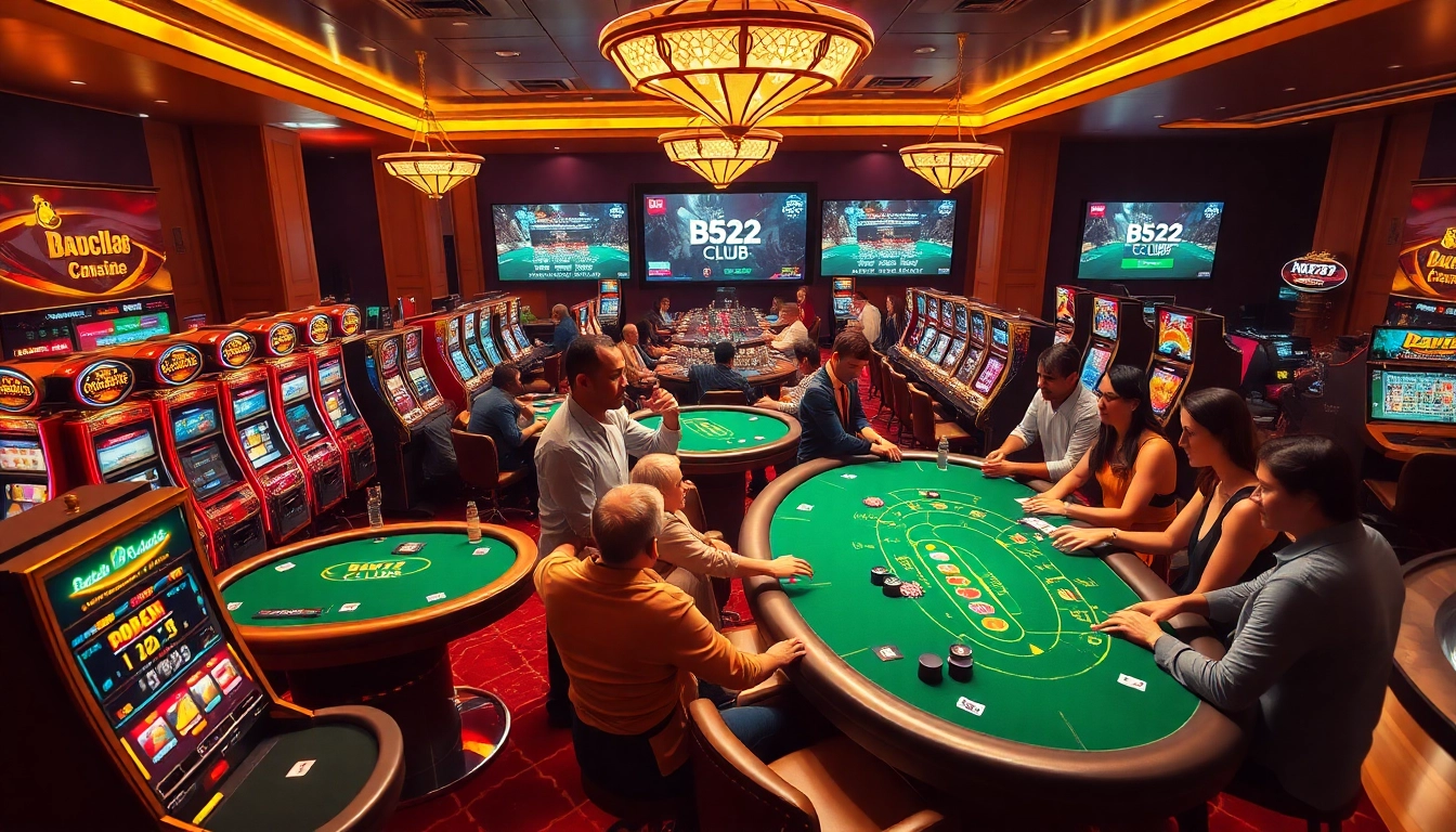 Players strategizing in the B52club casino, showcasing thrilling card games and vibrant slot machines.
