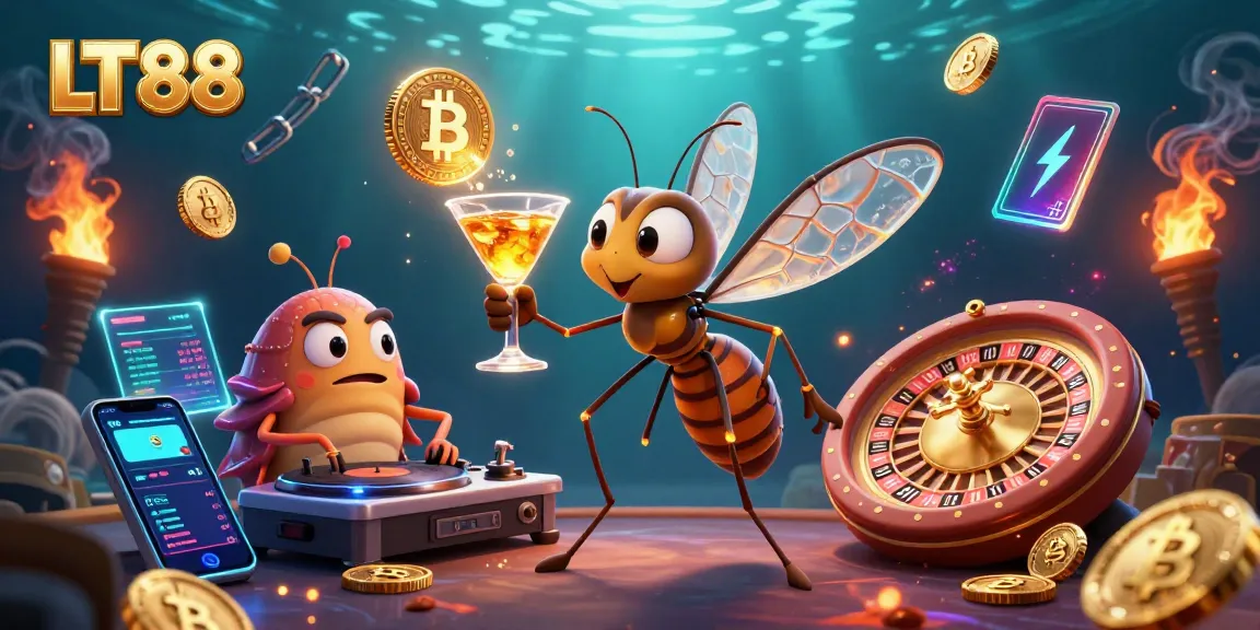 Experience casino excitement with LT88 in a vibrant 3D illustration of a mosquito mascot and unique elements.