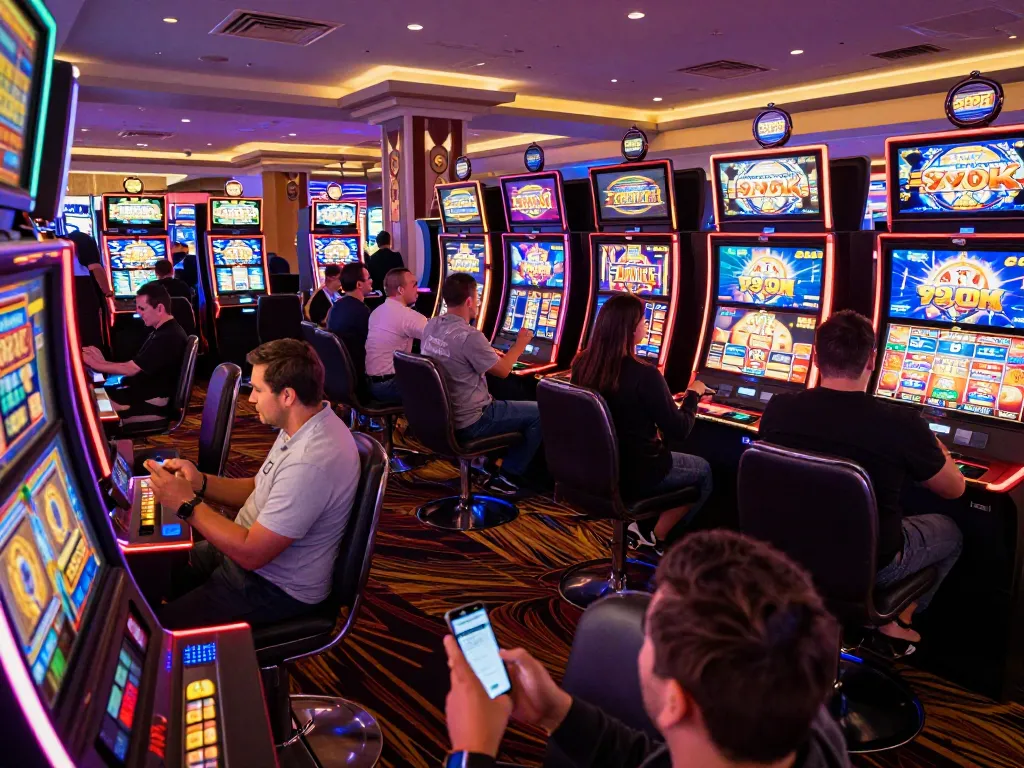 Players celebrating wins while engaging with the 99OK app in a lively casino setting.