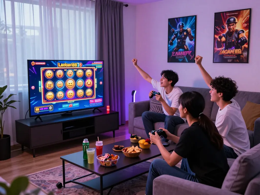 Teman-teman bermain slot gacor laoban188 di ruang tamu yang ramai dengan visual permainan yang hidup.