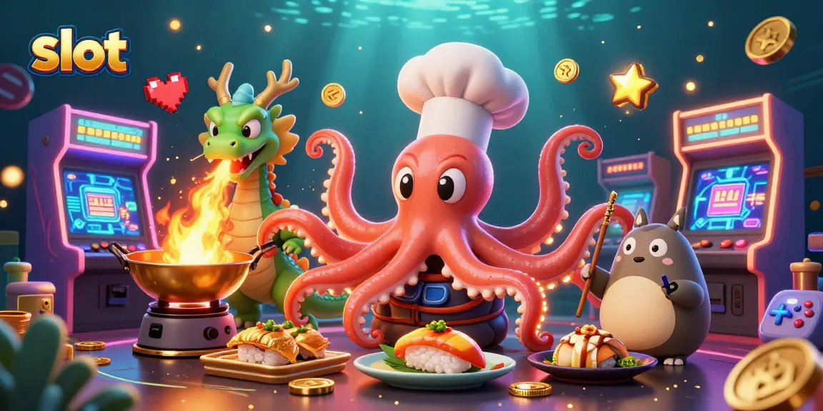 Slot gacor 777 ditampilkan dengan chef sushi kartun dan naga dalam ilustrasi 3D.