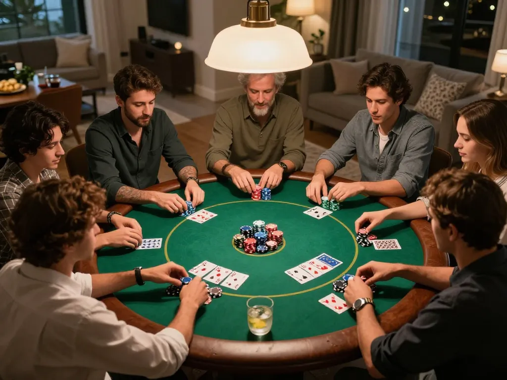 Players engaging with poker chips at a cozy home night, showcasing webnk88 gaming in action.