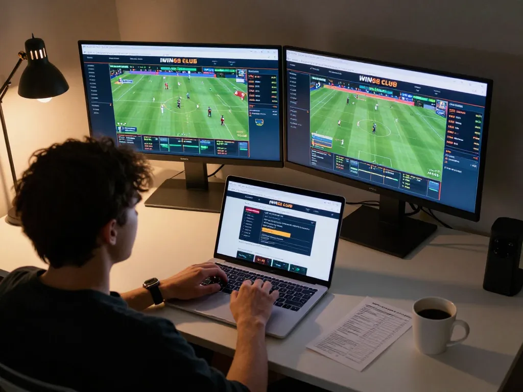 IWIN68 CLUB user engaging in live betting strategies at a modern desk setup.