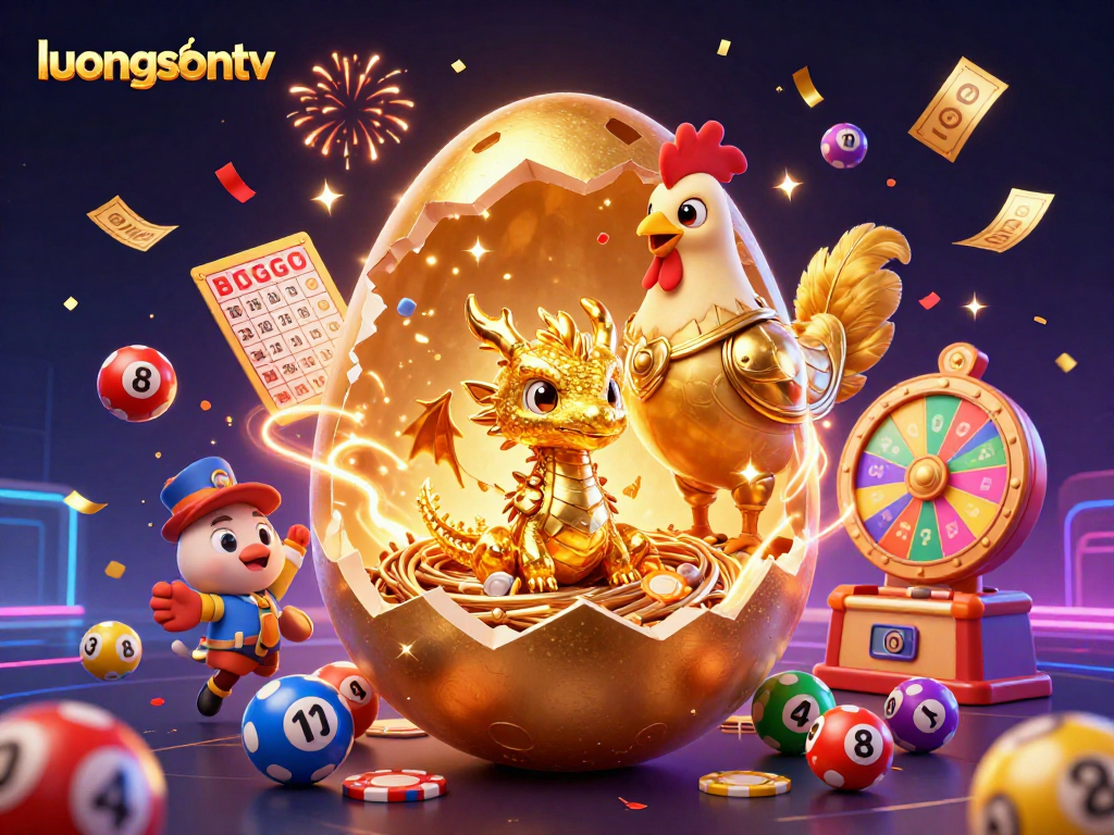 Experience exhilarating prizes with luongsontv's colorful casino-themed illustration including golden dragon and dynamic lottery elements.