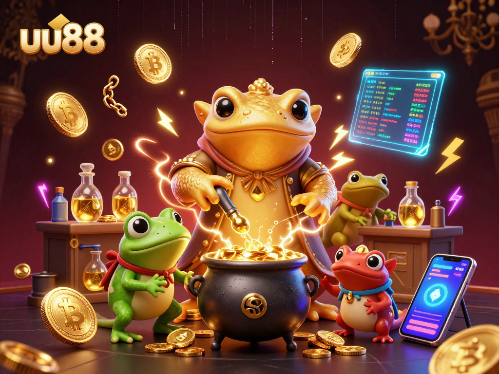 uu88 showcases a magical casino scene with alchemists transforming gold, integrating cryptocurrency elements.