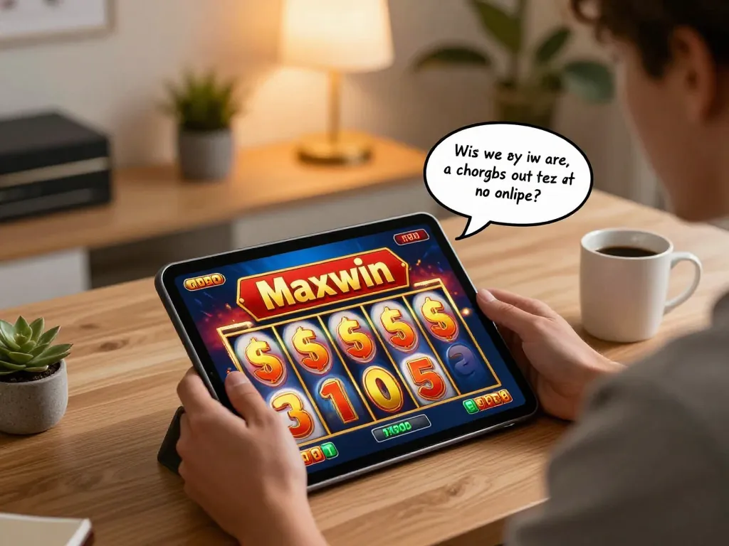 NAGA2000 player engaging with slot game interface on tablet, celebrating Maxwin jackpot win in cozy home office.