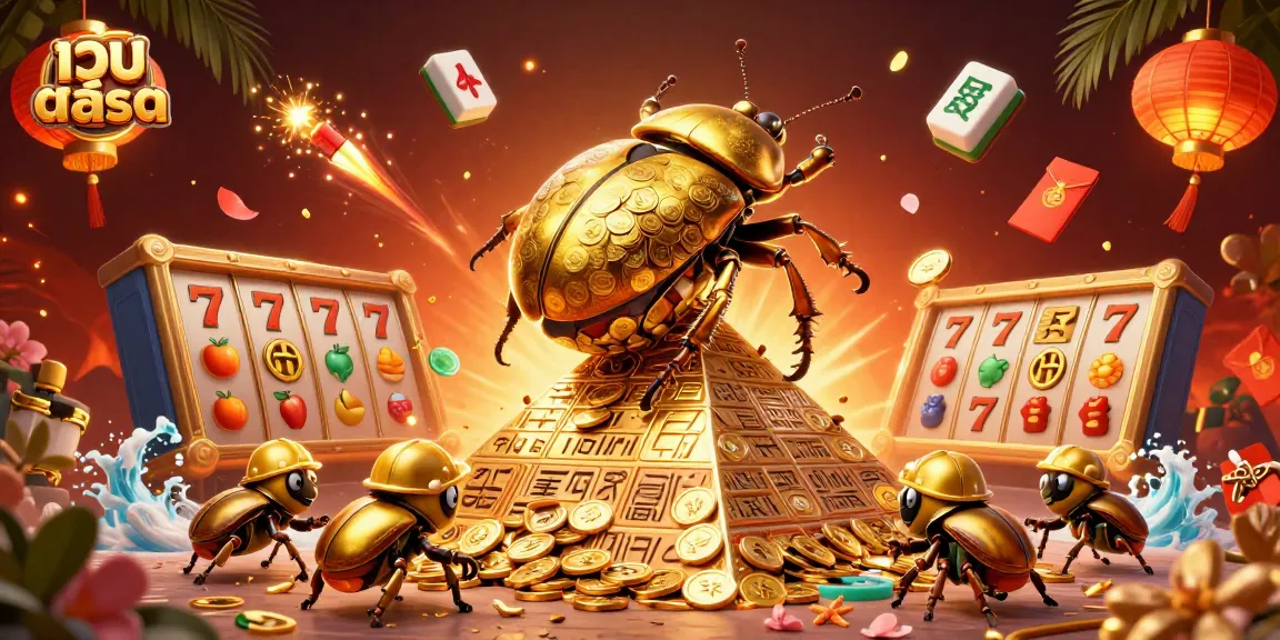 Spin the slots at เว็บสล็อต with golden beetles bringing luck and jackpot coins!