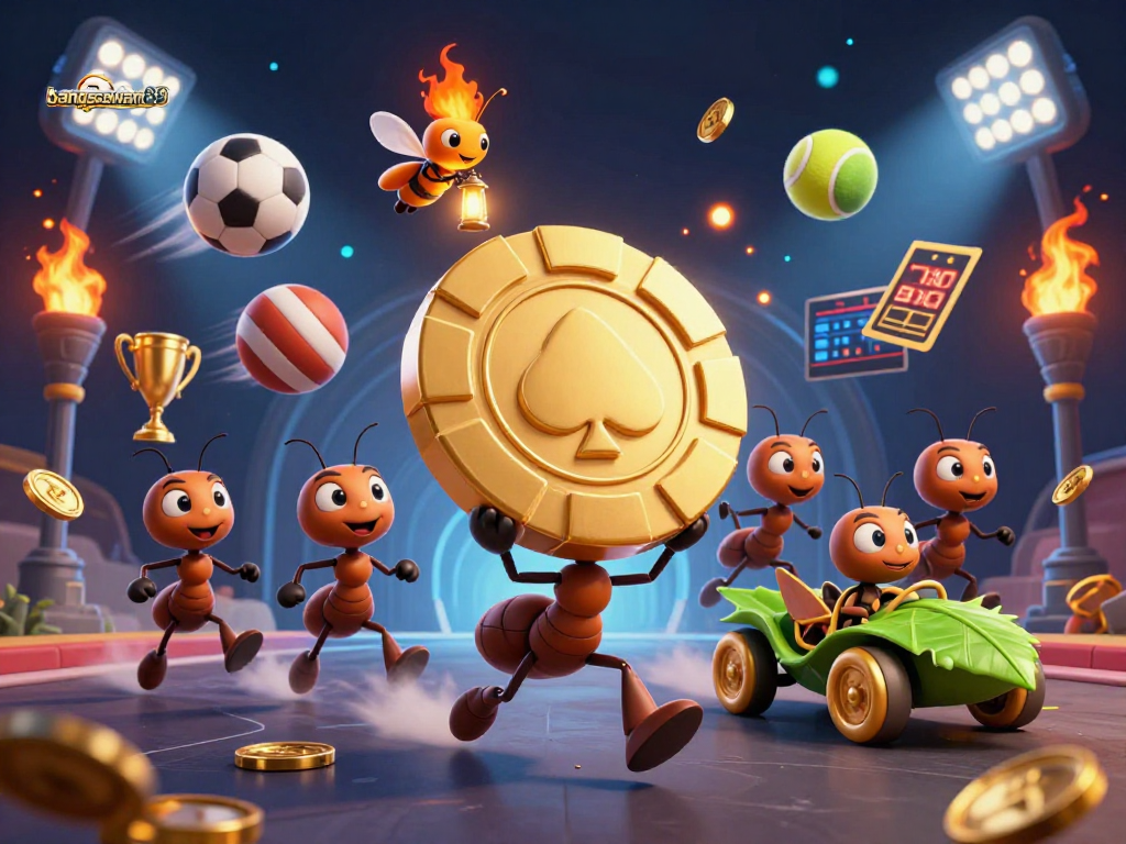 Experience bangsawan88 in action as ants race with a giant poker chip, highlighting exciting casino dynamics.