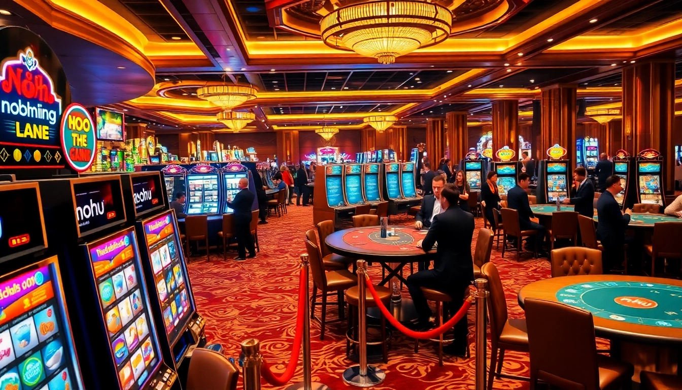 Players enjoying vibrant slot games at a luxurious casino showcasing nohu-themed machines.