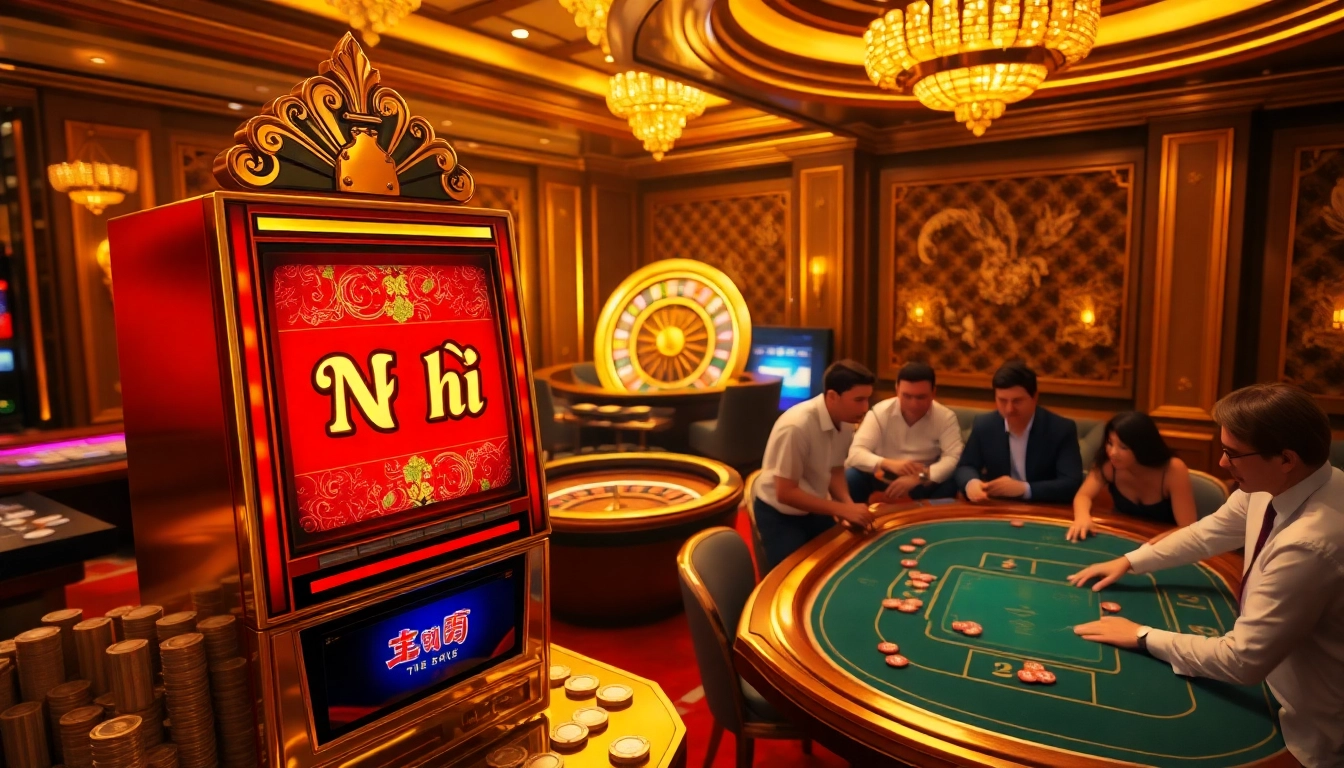 Nổ hũ slot machine lighting up a luxurious casino environment with excited players.