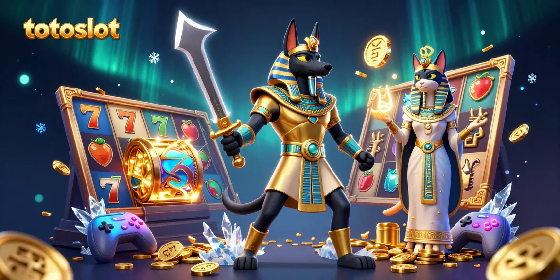 Play totoslot for thrilling casino adventures with Anubis and Bastet amid colorful slot reels.