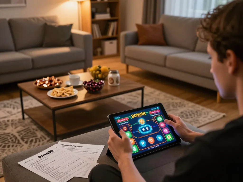 Bong88 player engaging with online casino game on tablet, comfy living room setup