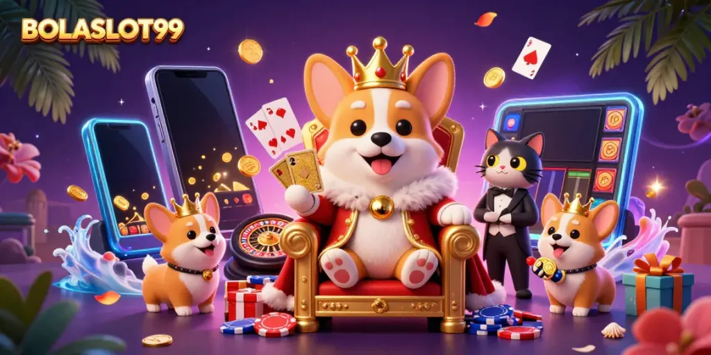 Experience excitement with BOLASLOT99's vibrant 3D rendered gaming scene featuring slot games and fun characters.