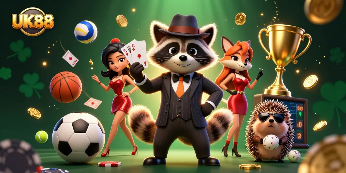 Experience thrilling bets at UK88 with a suave raccoon and glamorous fox in a vibrant casino scene.