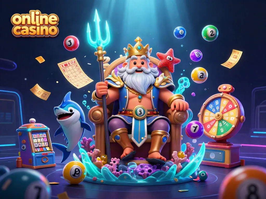 Experience the vibrant world of online casino with lively characters in a sea-themed illustration.