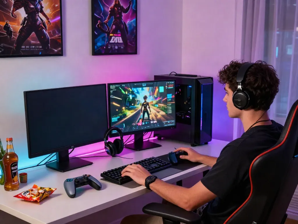 Engaging gaming setup featuring akunjp theme, RGB lighting, and gaming gear