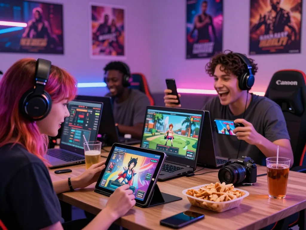 Engaged gamers enjoying porngames in a vibrant, interactive gaming environment.