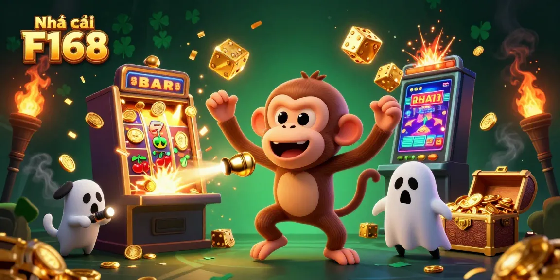 Experience excitement at Nhà cái F168 with a playful ghost monkey juggling casino treasures and a curious puppy tracking its antics.