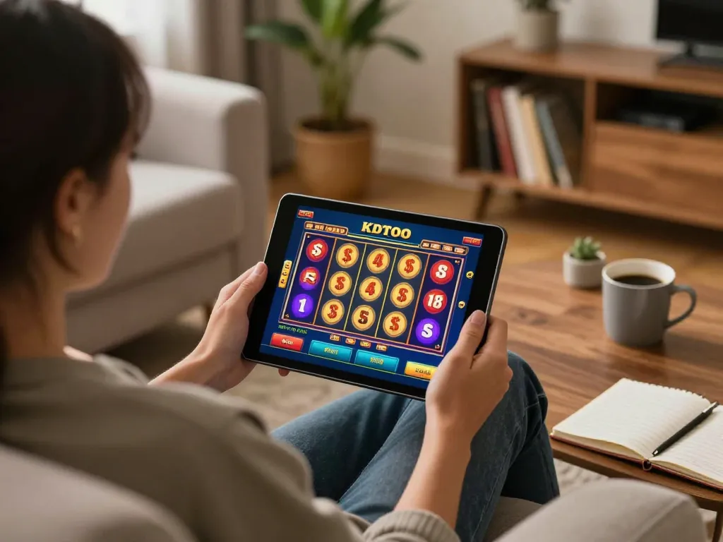 Enjoying a vibrant KDTOTO online slot game on a tablet with cozy home ambiance