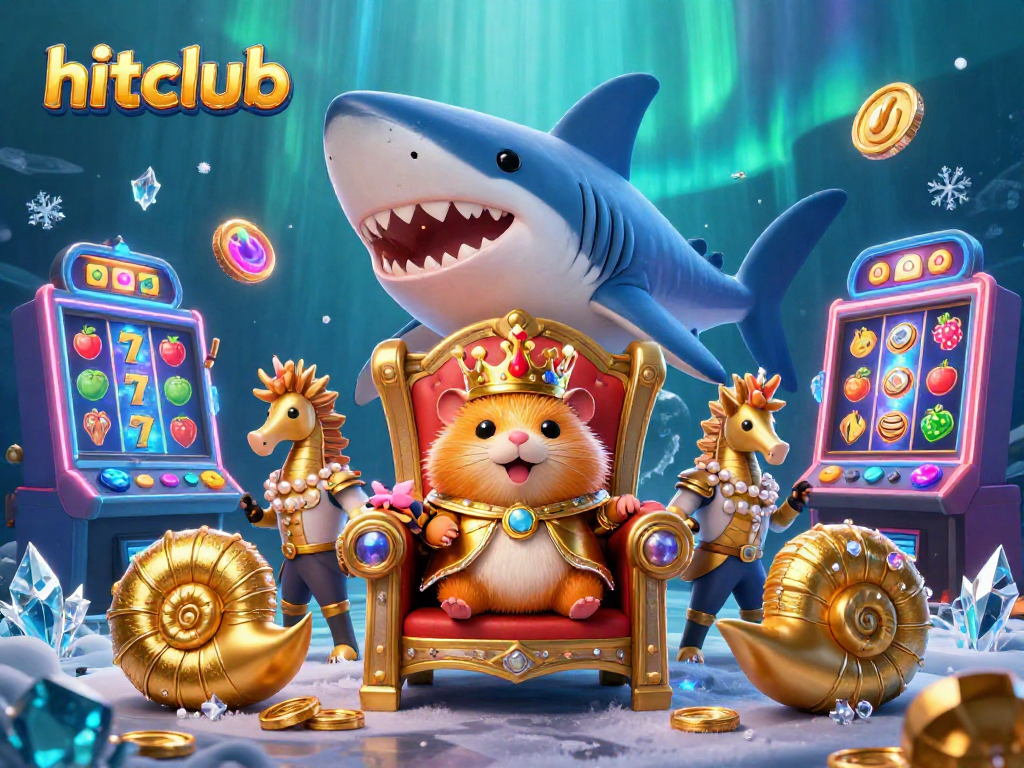 Engage with the hitclub gaming experience featuring a golden hamster king and vibrant slot machines.