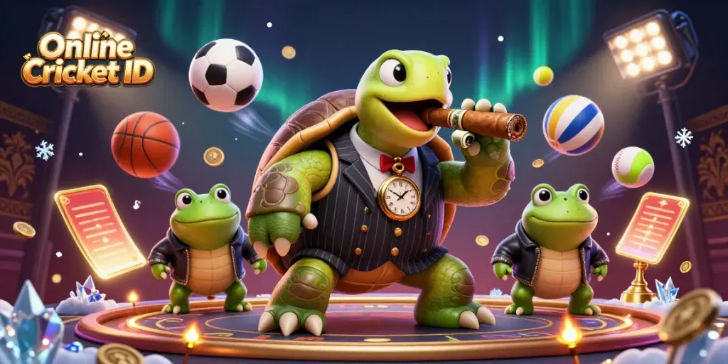 Engage with the Online Cricket ID scene featuring a turtle in a suit amidst sports elements and vibrant lights.