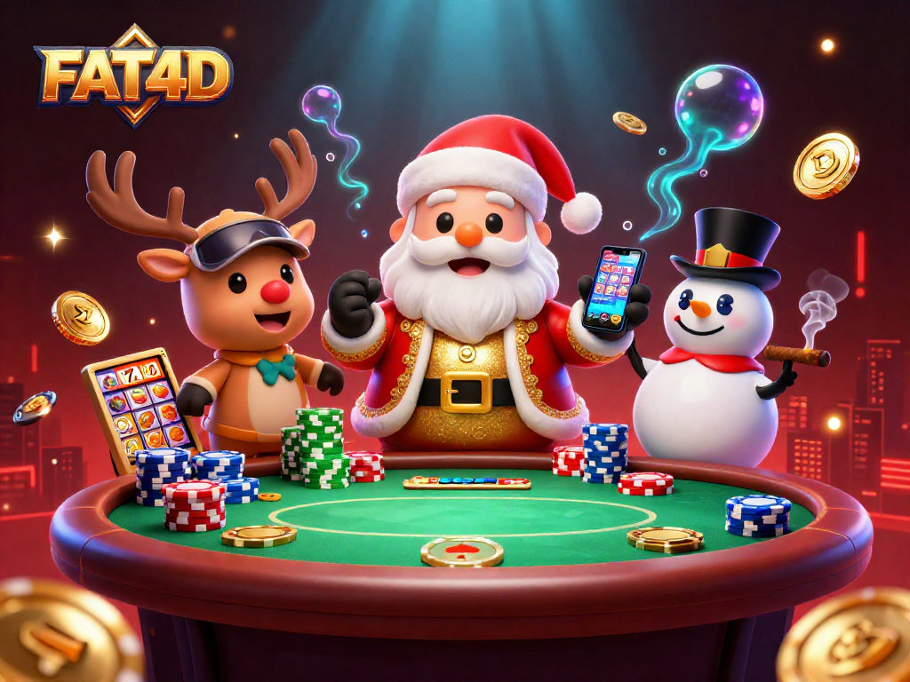 FAT4D delivers thrilling slot jackpot action with Santa Claus, a reindeer dealer, and poker chip snowman.