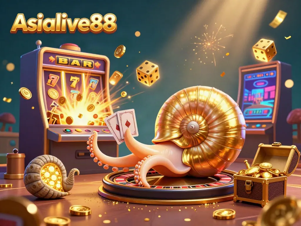 Asialive88 highlights thrilling casino action with a vibrant 3D nautilus and festive elements.