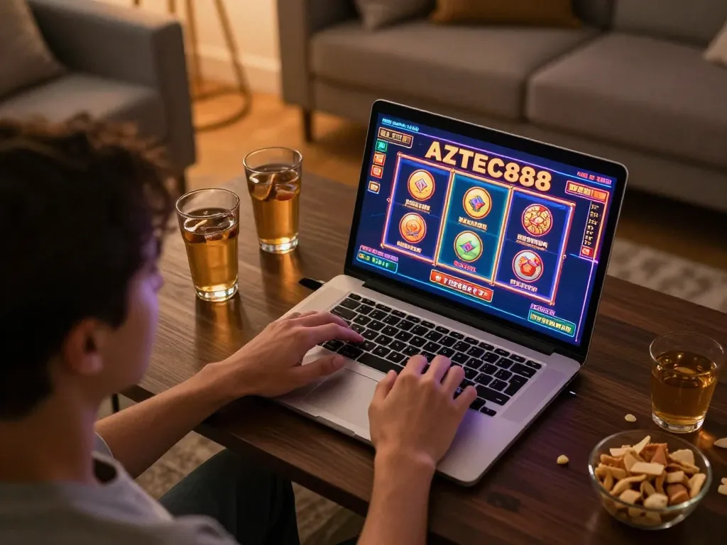 Person enjoying AZTEC888 online slot gameplay with colorful machines on screen in a cozy home environment.