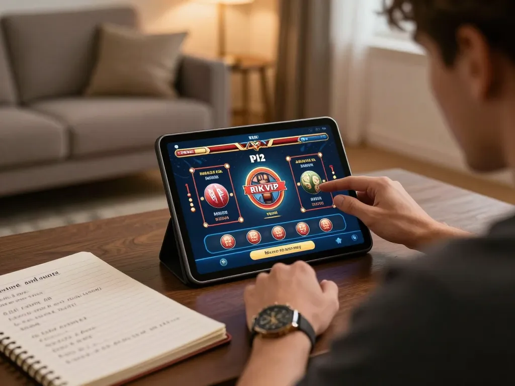 Playing rik vip online casino game on a tablet in a cozy home atmosphere