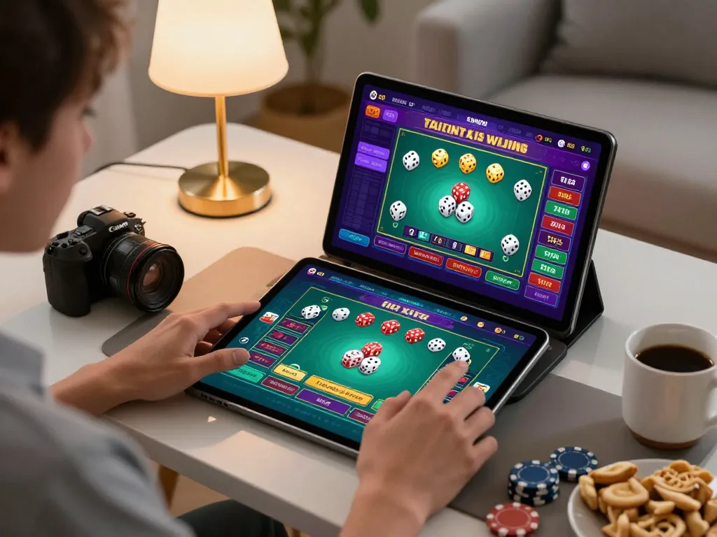 Engaging gameplay scene of tai xiu online displayed on a tablet as players strategize their bets in an inviting home setting.