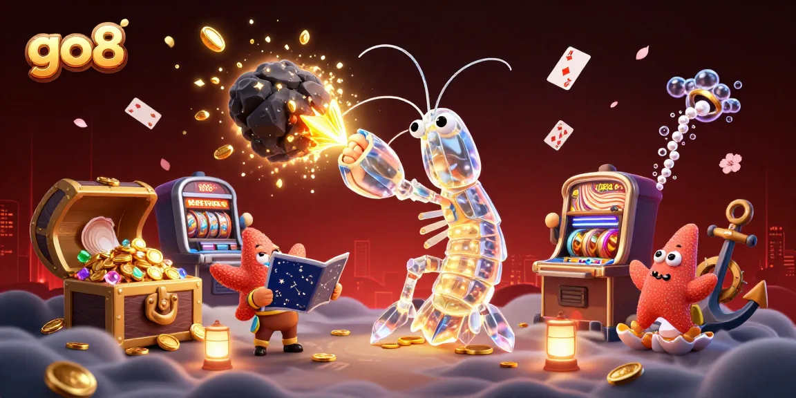 Experience the thrill of go8 with a vibrant depiction of a galactic samurai mantis shrimp amidst exploding slot machines and treasures.