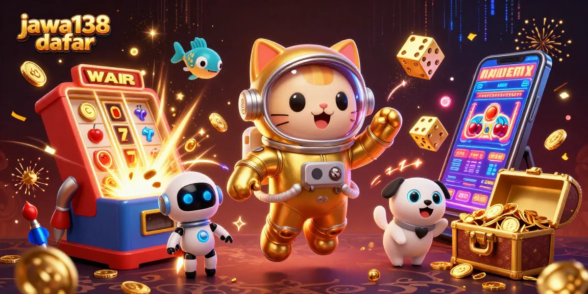 Menangkan jackpot dengan jawa138 daftar, ilustrasi kasino 3D cerah yang menggambarkan slot dan simbol keberuntungan.