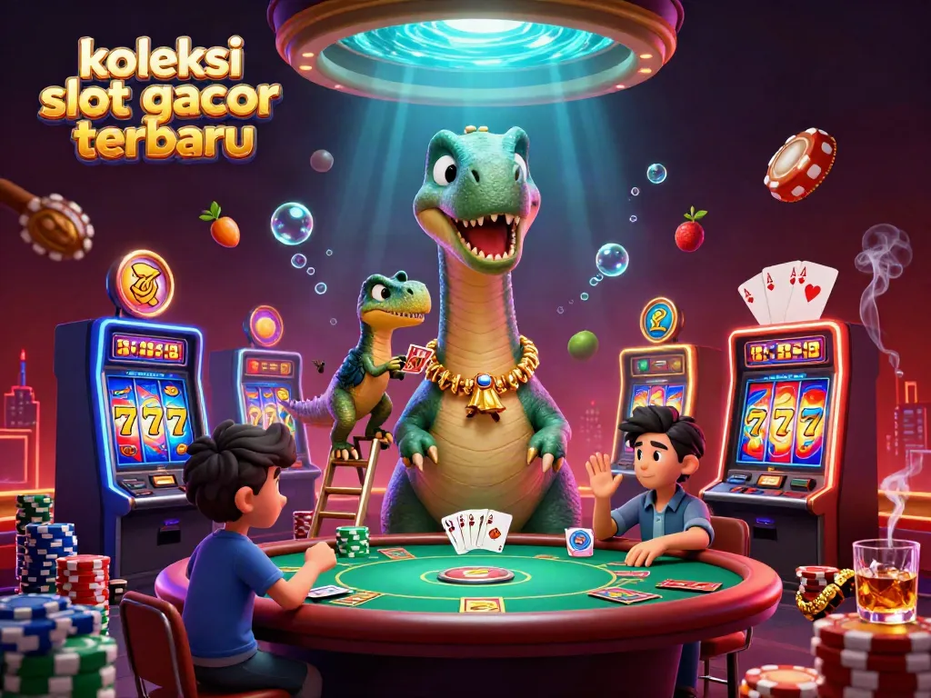 Ilustrasi brontosaurus kasino dengan koleksi slot gacor terbaru yang memukau; simbol keberuntungan bertebaran.