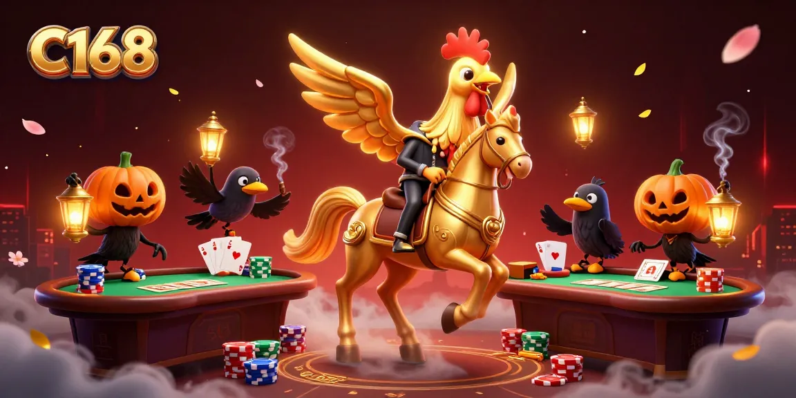 C168 players encounter thrilling poker action with a golden rooster and spectral horse in a vibrant casino setting