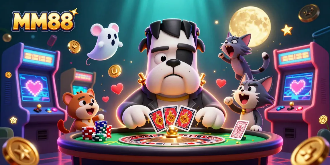 Engage with MM88 as a cartoon Frankenstein bulldog deals cards amidst a vibrant casino scene.