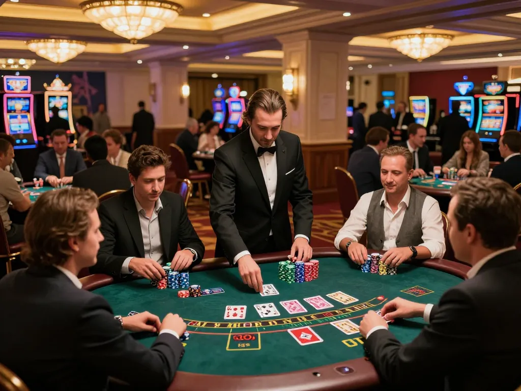 dinamit4d players placing strategic bets at a high-stakes blackjack table in a lively casino