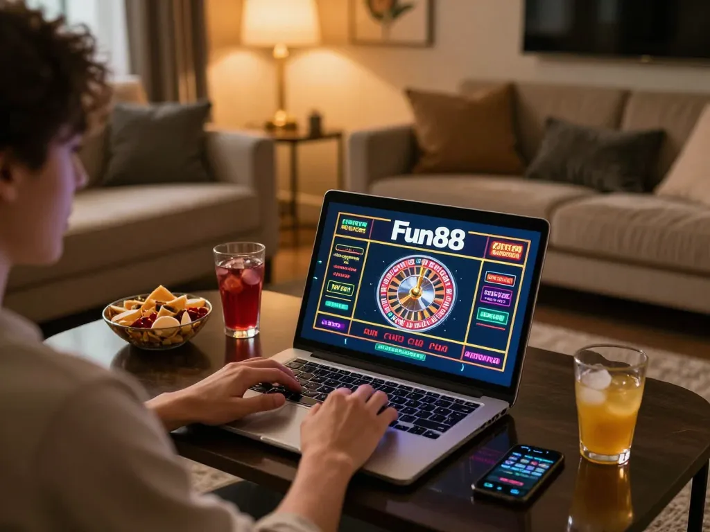 Experience Fun88 online casino gaming in a cozy setting, showcasing thrilling roulette gameplay.
