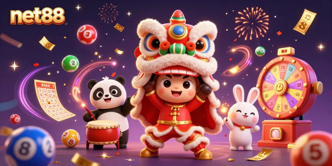 Experience the excitement of net88 with a vibrant 3D illustration of a Chinese New Year lion dance integrated into a dynamic gambling scene.