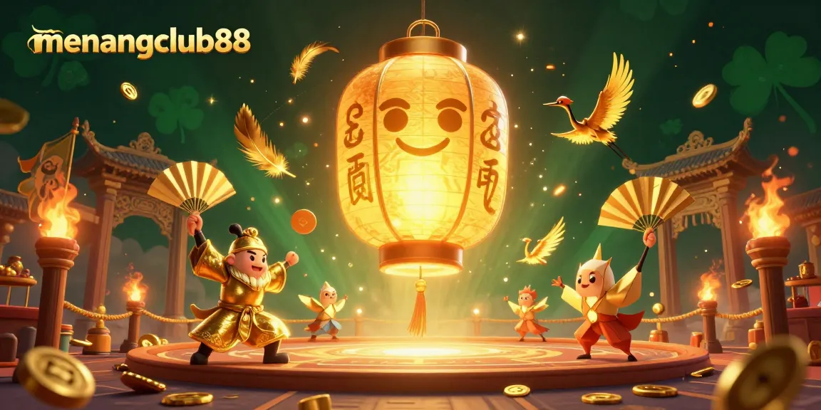 Experience the excitement of menangclub88 in this vibrant 3D illustration featuring a golden lantern spirit and interactive casino elements.
