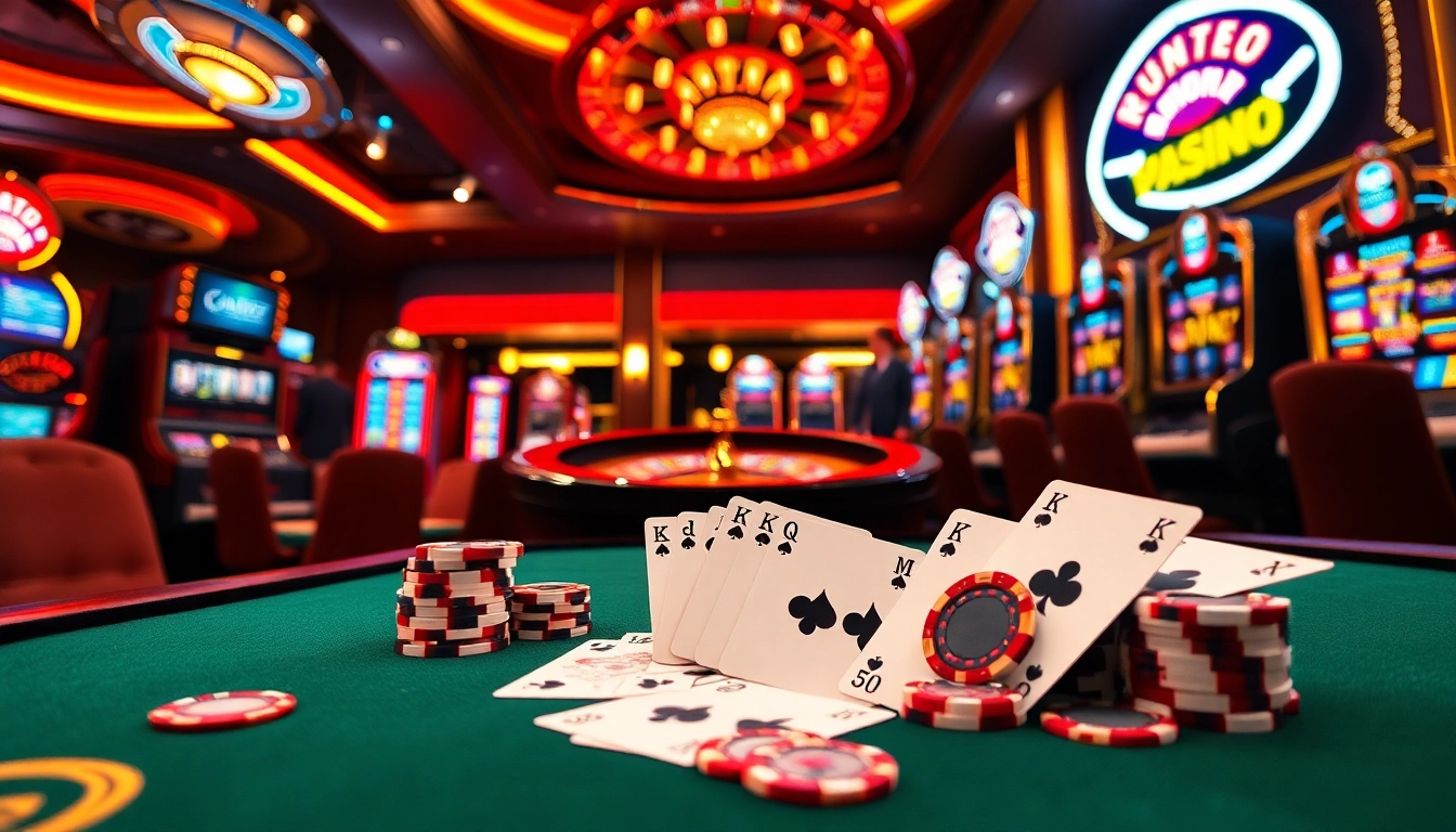 Kubet players enjoying vibrant casino excitement at a luxurious gambling table with poker chips.