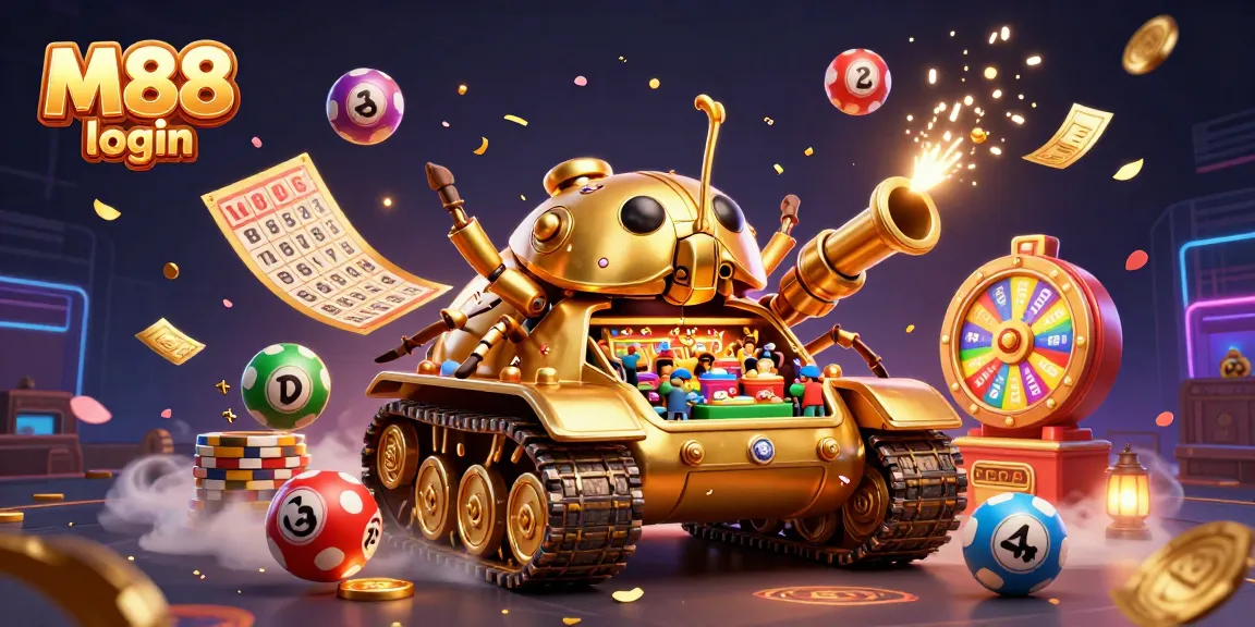 M88 login to an exciting world with a golden beetle tank casino illustration bursting with lottery balls and colorful prizes.