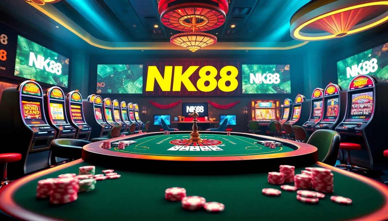 Players experiencing thrilling games at NK88 online casino, featuring poker and slot machines.