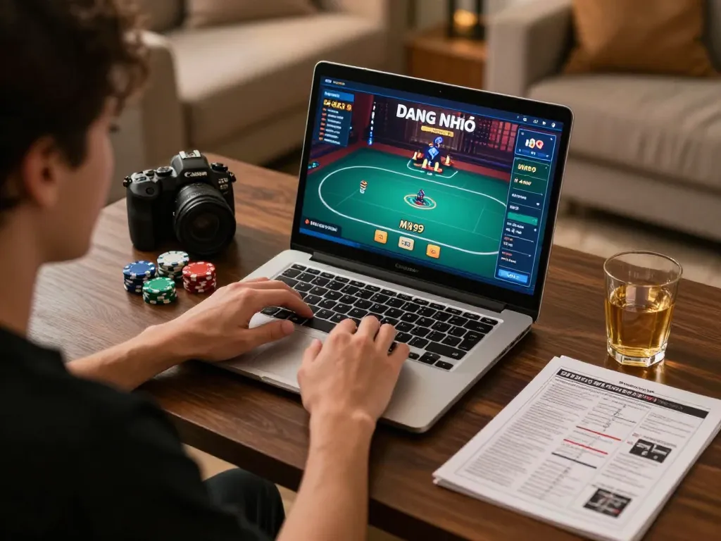 Engaging in MM99 Đăng Nhập at a cozy home gaming setup with strategic poker elements visible