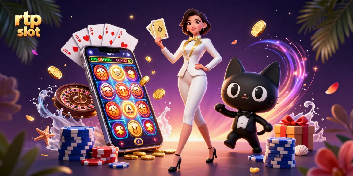 Win at rtp slot with a glamorous woman shuffling cards beside a lucky cat, showcasing vibrant gaming elements.